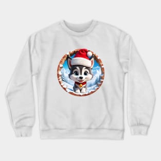 The Cute Christmas Dog Wearing Santa Hat Peeking Through The Hole In The Wall Crewneck Sweatshirt